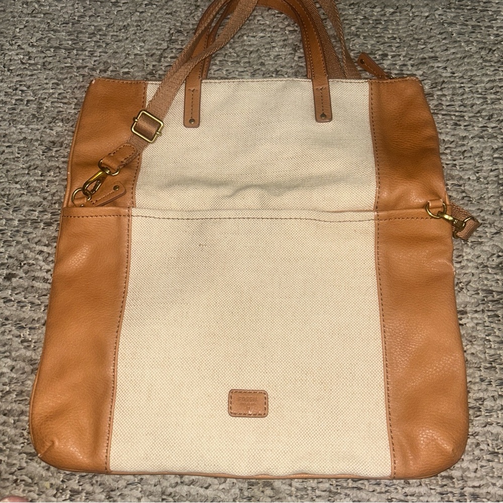 Fossil Tan and Cream Crossbody Bag with Leather Trim